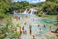 Many tourists are swimming in the waterfalls, Krka, Croatia, nat